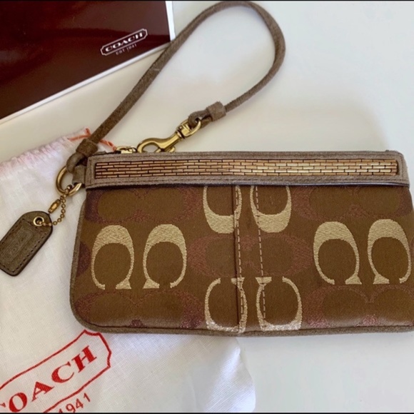 Coach Handbags - Coach Signature C brown & gold beaded wristlet